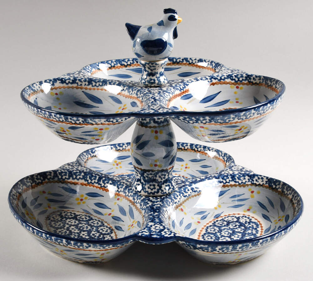 Old World Blue 2-Tier Serving Tray by Temp-Tations-1