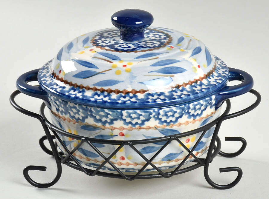 Old World Blue 10 Oz Individual Casserole & Lid W/Metal Stand by Temp-Tations-1