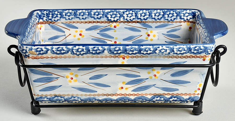 Old World Blue 10" Rectangular Baker w/Metal Stand by Temp-Tations-1