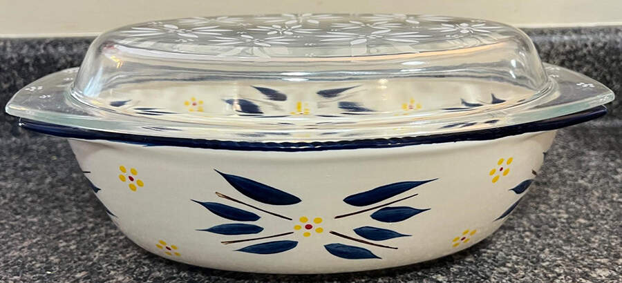 Old World Blue 12" Oval Baker & Glass Lid by Temp-Tations-1