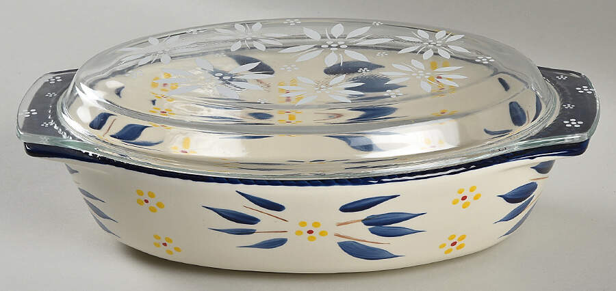 Old World Blue 11" Oval Baker & Glass Lid by Temp-Tations-1