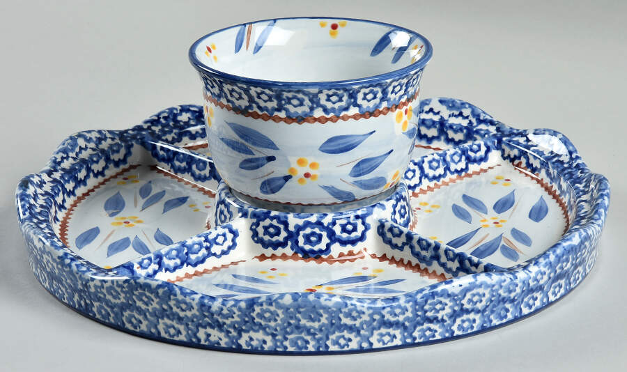 Old World Blue Cake/Chip Plate & Dip/Pedestal Bowl for Convertible Set by Temp-Tations-1