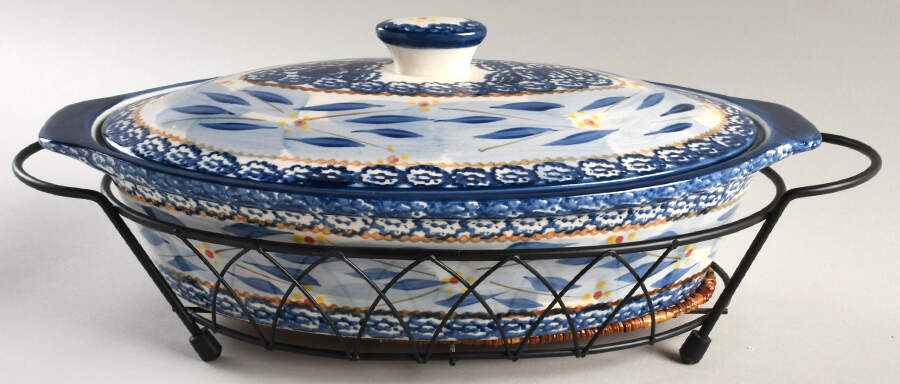 Old World Blue 2 Qt Oval Casserole & Metal Stand w/Wicker Trivet by Temp-Tations-1