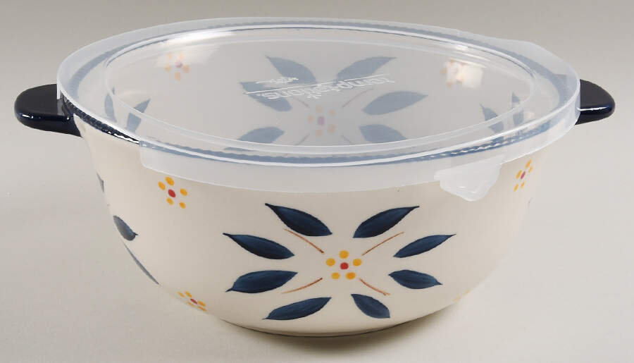 Old World Blue 10" Handled Round Serving Bowl & Plastic Lid by Temp-Tations-1
