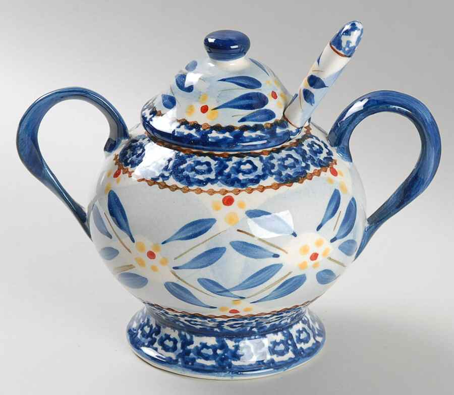 Old World Blue Sugar Bowl & Lid W/Spoon by Temp-Tations-1