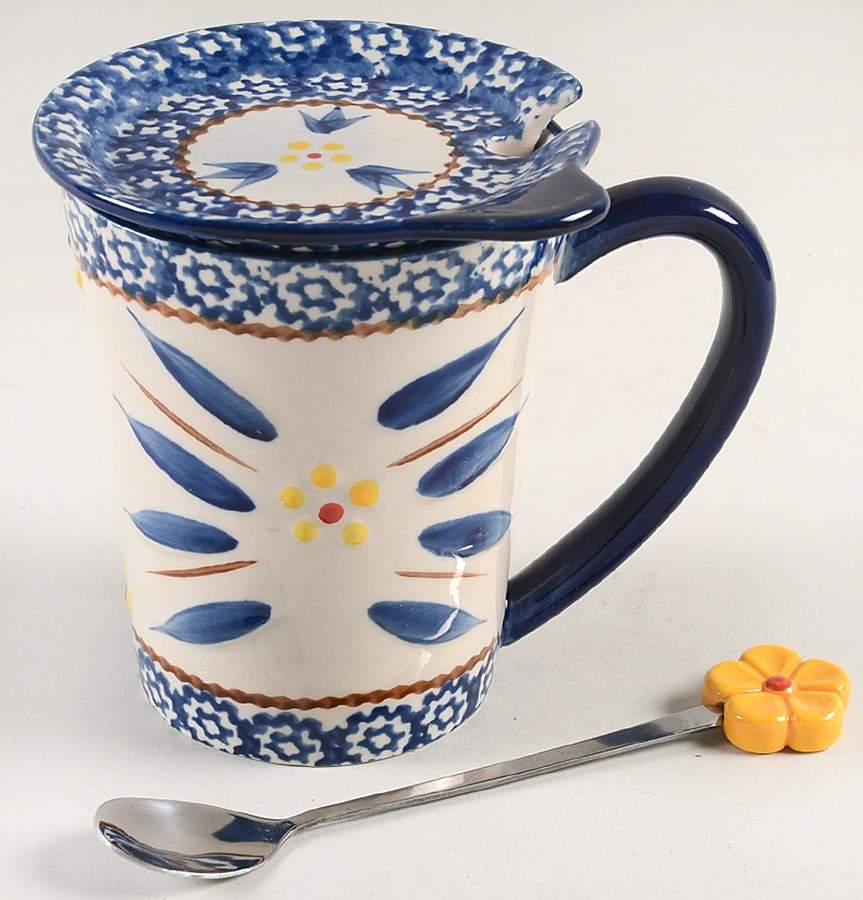 Old World Blue Mug & Lid/Coaster with Spoon by Temp-Tations-1