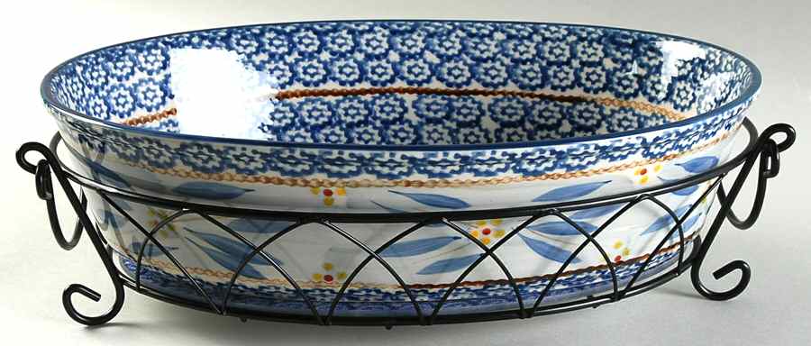 Old World Blue 13" Oval Baker W/Metal Stand & Glass Trivet by Temp-Tations-1