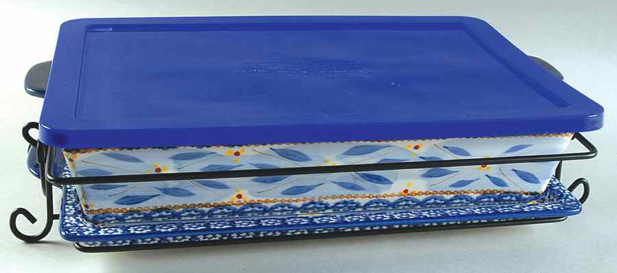 Old World Blue 4pc 15" Rect. Baker (Baker,Lid,Tray & Stand) by Temp-Tations-1