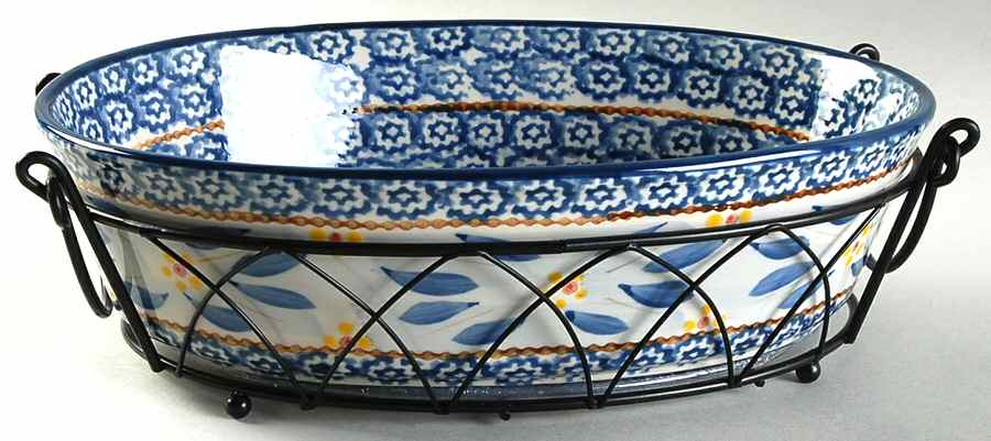 Old World Blue 11" Oval Baker W/Metal Stand & Glass Trivet by Temp-Tations-1