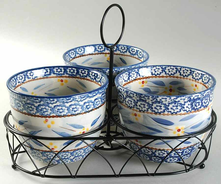 Old World Blue 1 Qt 5" Round Bowl & Metal Stand - Set of 3 by Temp-Tations-1
