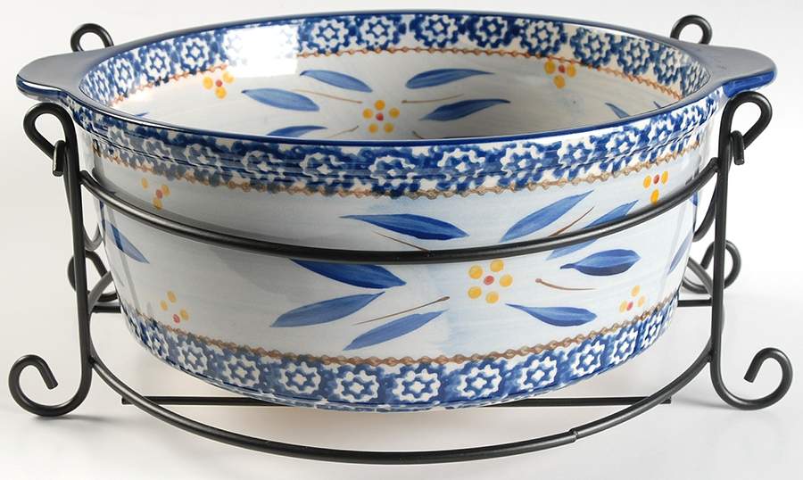 Old World Blue 10" Round Baker & Metal Stand by Temp-Tations-1