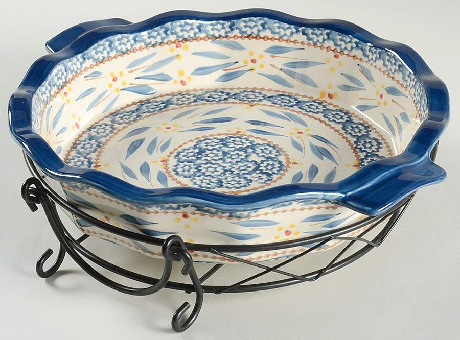 Old World Blue 9" Pie Baking Plate with Metal Stand by Temp-Tations-1