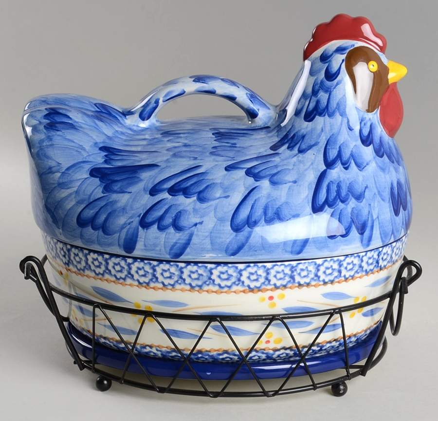 Old World Blue Figural Oval Baker & Lid with Metal Basket by Temp-Tations-1