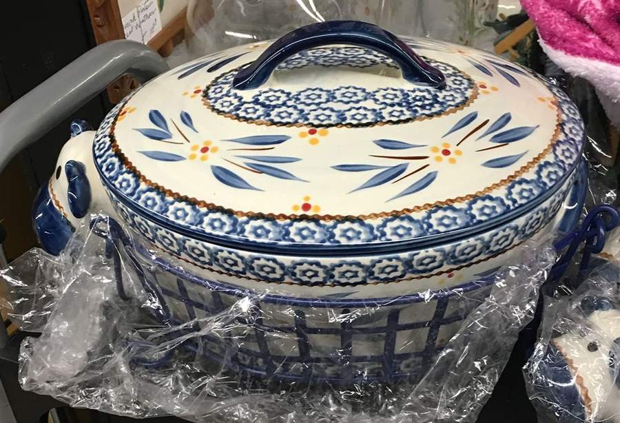 Old World Blue Figural Oval Baker & Lid with Basket by Temp-Tations-1