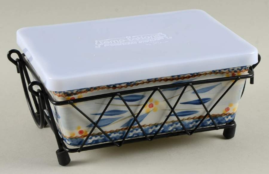 Old World Blue 7" Rectangular Baker W/Storage Cover & Metal Stand by Temp-Tations-1