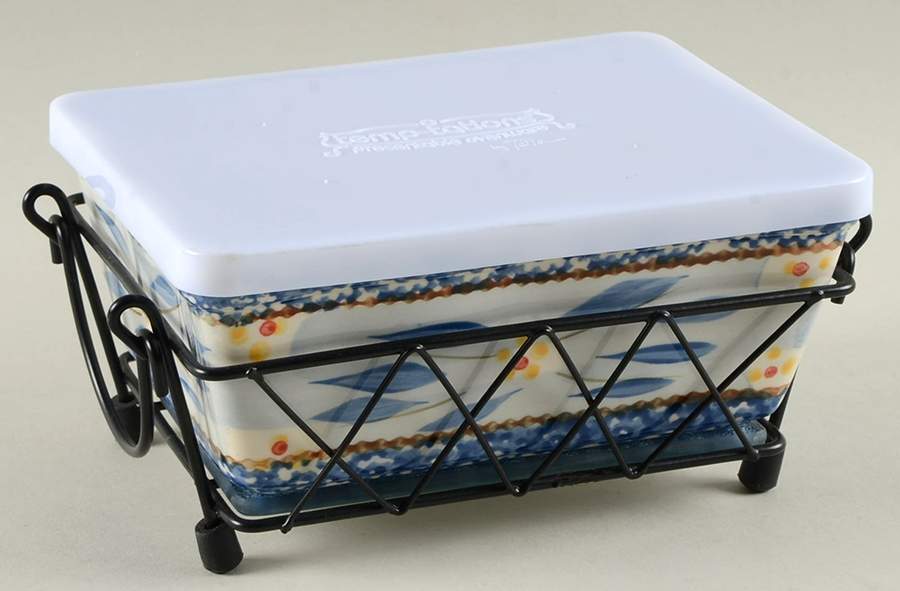Old World Blue (4 Pc) 7" Rect Baker (Baker, Cover, Glass Trivet & Stand) by Temp-Tations-1