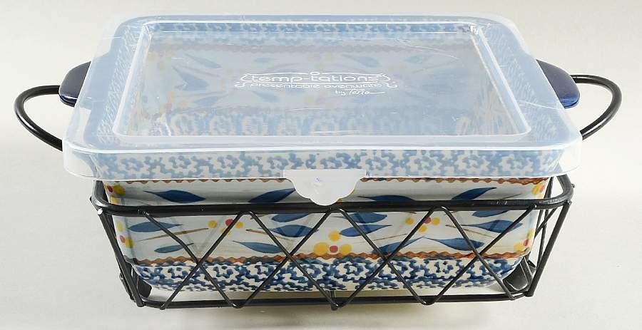 Old World Blue 7" Square Baker W/Storage Cover & Metal Stand by Temp-Tations-1