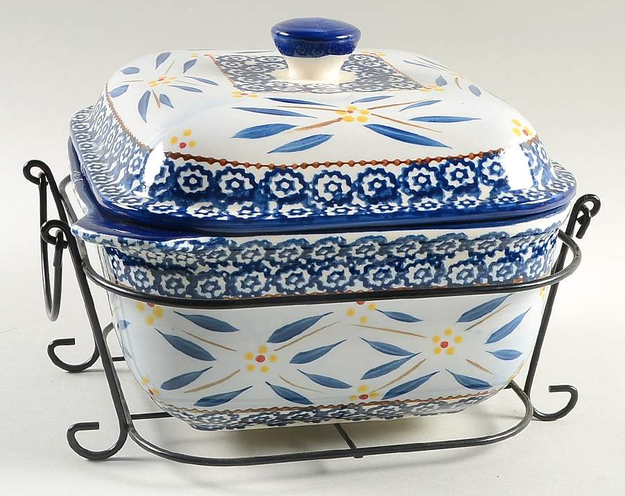 Old World Blue Square Covered Vegetable w/Metal Stand by Temp-Tations-1