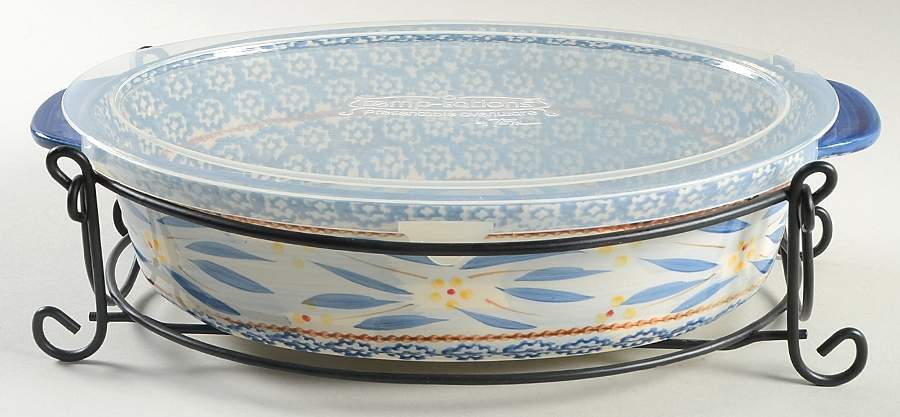 Old World Blue 13" Oval Baker w/Plastic Lid & Metal Stand by Temp-Tations-1