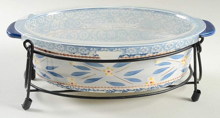 Old World Blue 12" Oval Baker w/Plastic Lid & Metal Stand by Temp-Tations-1