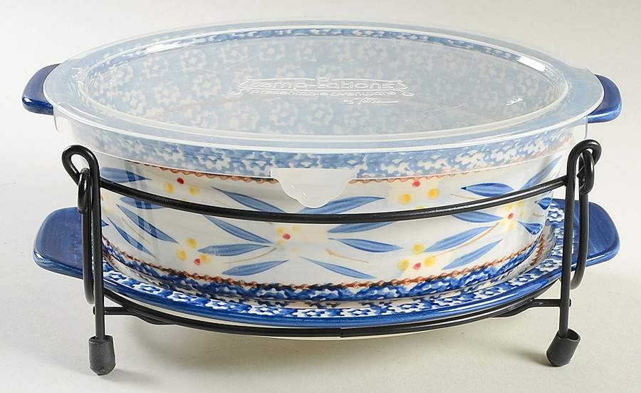 Old World Blue 10" Oval Baker w/Storage Cover, Lid-It & Mtl Stand by Temp-Tations-1