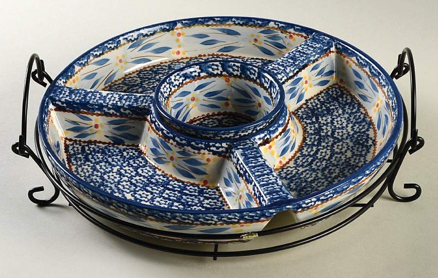 Old World Blue (3 Part) Divided Chip Bowl/Plate & Dip Bowl w/Metal Stand by Temp-Tations-1