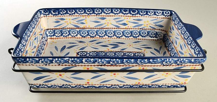 Old World Blue 13" Rectangular Baker with Metal Stand by Temp-Tations-1