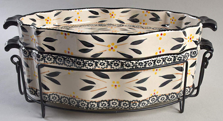 Old World Black 14" Oval Scalloped Baker & Lid-It w/Metal Stand by Temp-Tations-1