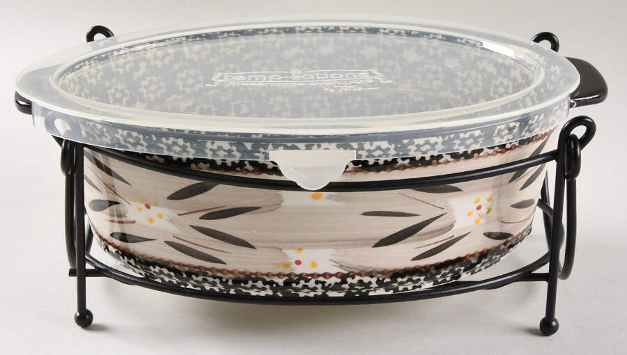Old World Black 10" Oval Baker w/Plastic Lid & Metal Stand by Temp-Tations-1