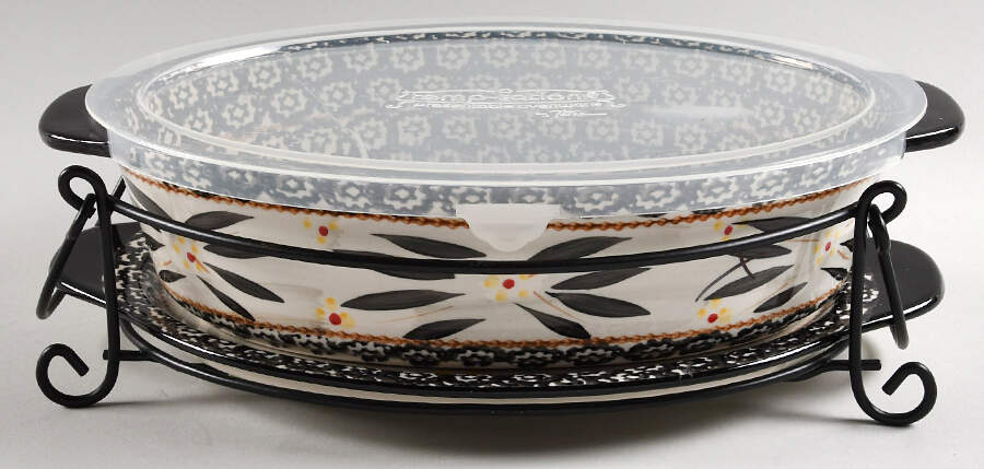 Old World Black 13" Oval Baker w/Plastic Lid, Lid-It & Metal Stand by Temp-Tations-1