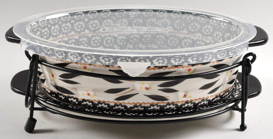 Old World Black 11" Oval Baker w/Plastic Lid, Lid-It & Mtl Stand by Temp-Tations-1