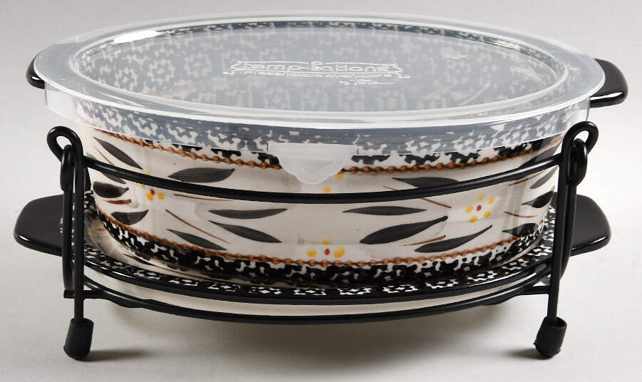 Old World Black 10" Oval Baker w/Storage Cover, Lid-It & Mtl Stand by Temp-Tations-1