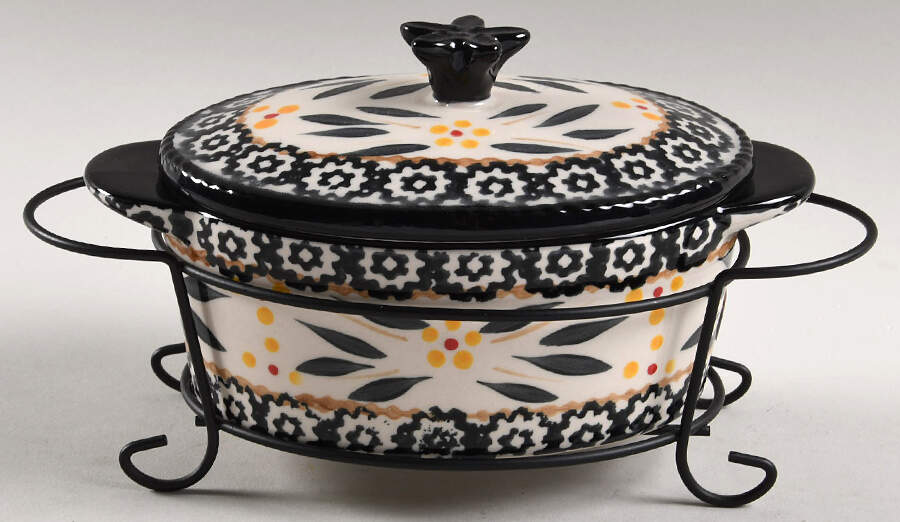 Old World Black 9 Oz Individual Oval Casserole & Lid W/Metal Stand by Temp-Tations-1