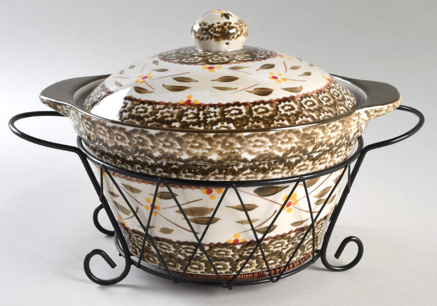 Old World Brown 2.5 Qt Round Covered Casserole & Metal Stand by Temp-Tations-1