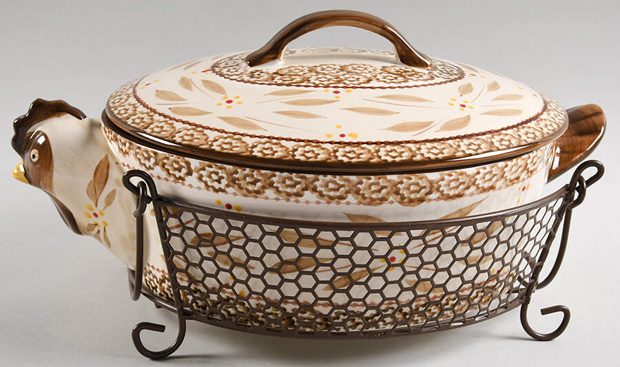 Old World Brown 2.5 Qt Oval Covered Baker & Wire Holder by Temp-Tations-1