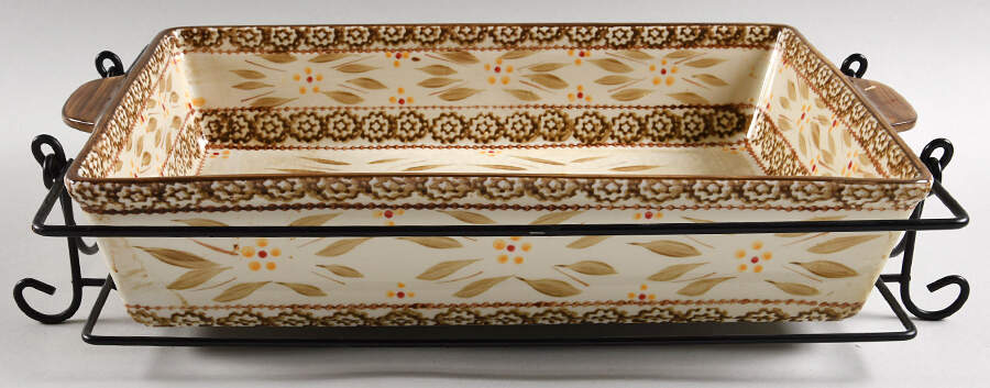 Old World Brown 15" Rectangular Baker w/Metal Stand by Temp-Tations-1