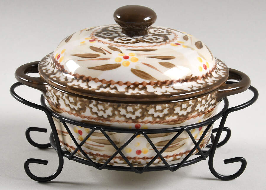 Old World Brown 10 Oz Individual Casserole & Lid W/Metal Stand by Temp-Tations-1