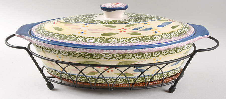 Old World Confetti 2 Qt Oval Casserole & Metal Stand w/Wicker Trivet by Temp-Tations-1