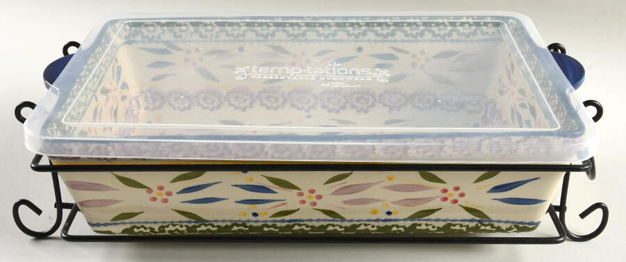 Old World Confetti 13" Rectangular Baker (RB13) & Plastic Lid (R13PLA) w/Metal Stand (MRB13A) by Temp-Tations-1