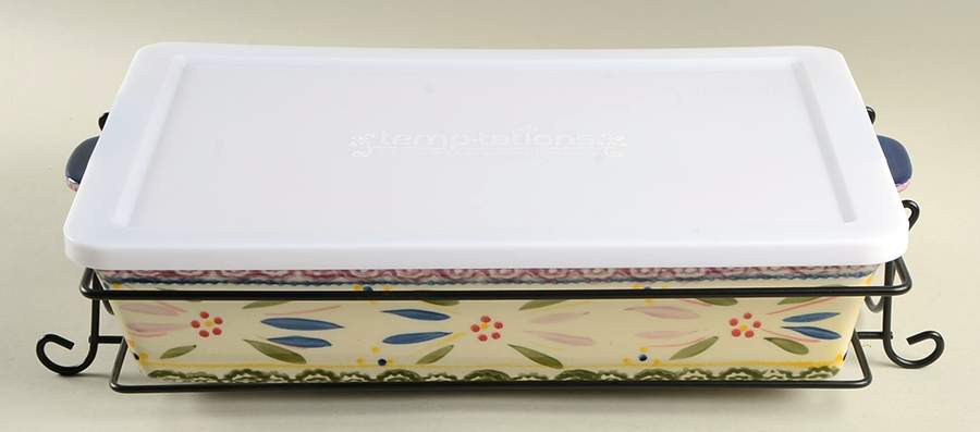 Old World Confetti 15" Rectangular Baker W/Storage Cover& Metal Stand by Temp-Tations-1