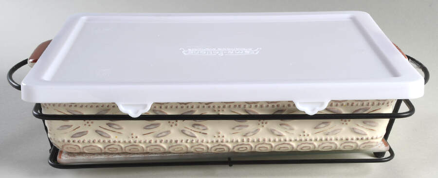 Old World Cranberry 4pc 13" Rect. Baker (Baker,Lid,Trivet & Stand) by Temp-Tations-1