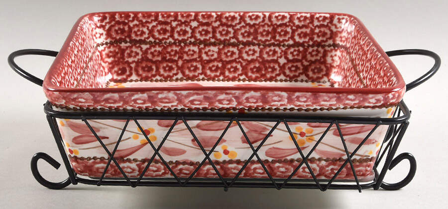 Old World Cranberry 9" Square Baker W/Metal Stand & Glass Trivet by Temp-Tations-1