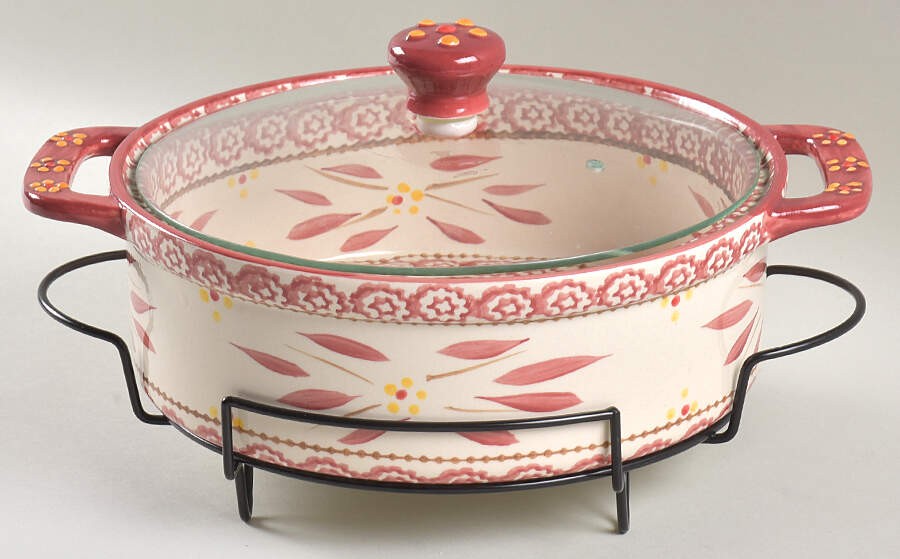 Old World Cranberry 2 Qt Round Stacking Baker w/Glass Lid&Metal Stand by Temp-Tations-1