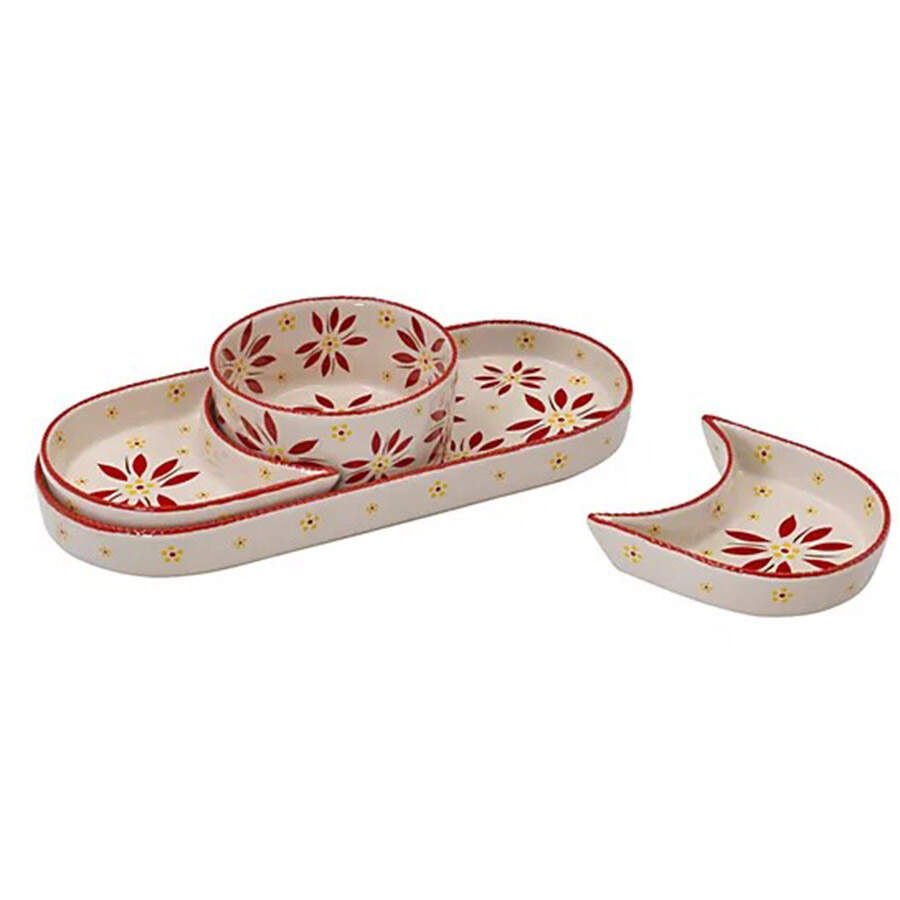 Old World Cranberry (4 Pc) Appetizer/Meal Set-(Oval Tray, 2 Sides Sections & Center Bowl) by Temp-Tations-1