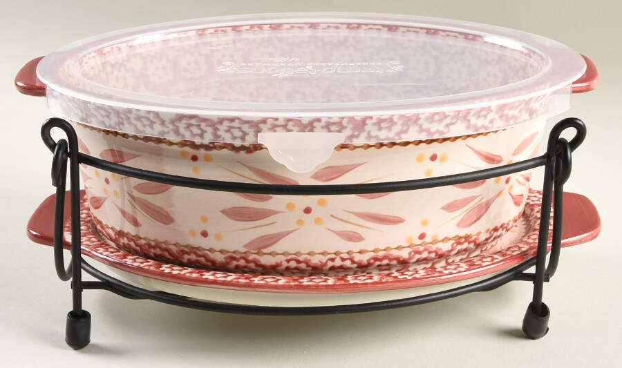 Old World Cranberry 10" Oval Baker w/Storage Cover, Lid-It & Mtl Stand by Temp-Tations-1