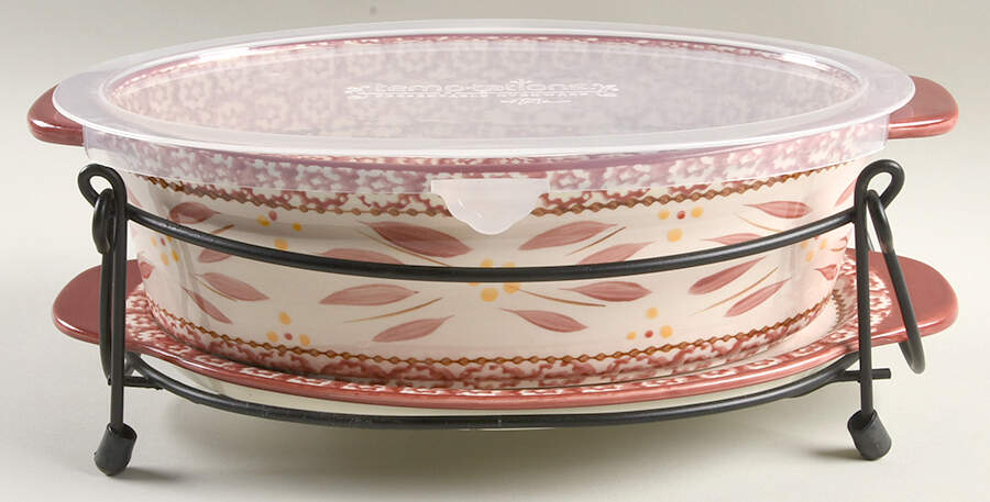 Old World Cranberry 11" Oval Baker w/Plastic Lid, Lid-It & Mtl Stand by Temp-Tations-1