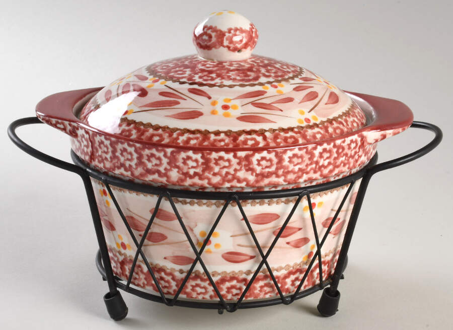Old World Cranberry 1 Qt Round Covered Casserole with Metal Stand by Temp-Tations-1