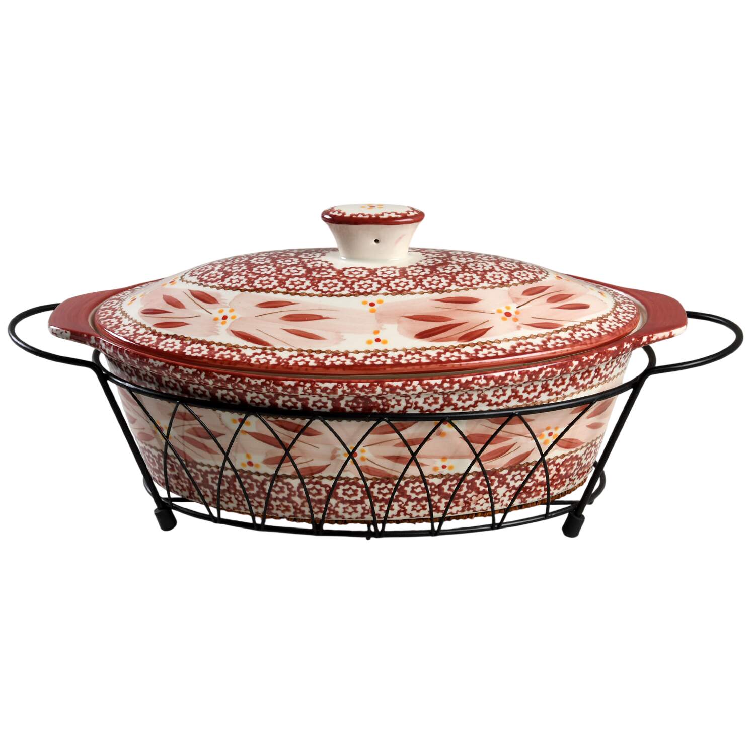 Old World Cranberry 3.5 Qt Oval Cov Casserole W/Metal Stand by Temp-Tations-1