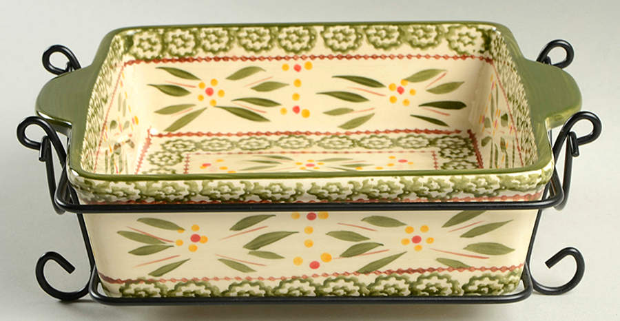 Old World Green 10" Square Baker & Metal Stand by Temp-Tations-1
