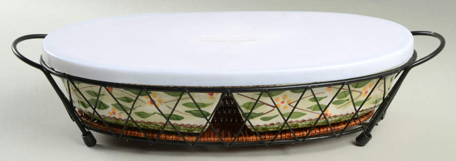 Old World Green 14" Oval Divided Baker W/Metal Stand,Trivet& Cover by Temp-Tations-1